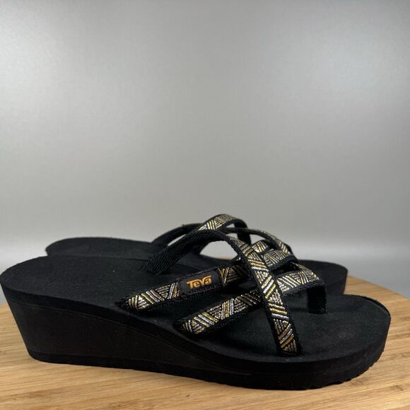 Teva Mandalyn Mush Women’s 6 Black Wedge Crossed Strappy Thong Sandals - Picture 1 of 6
